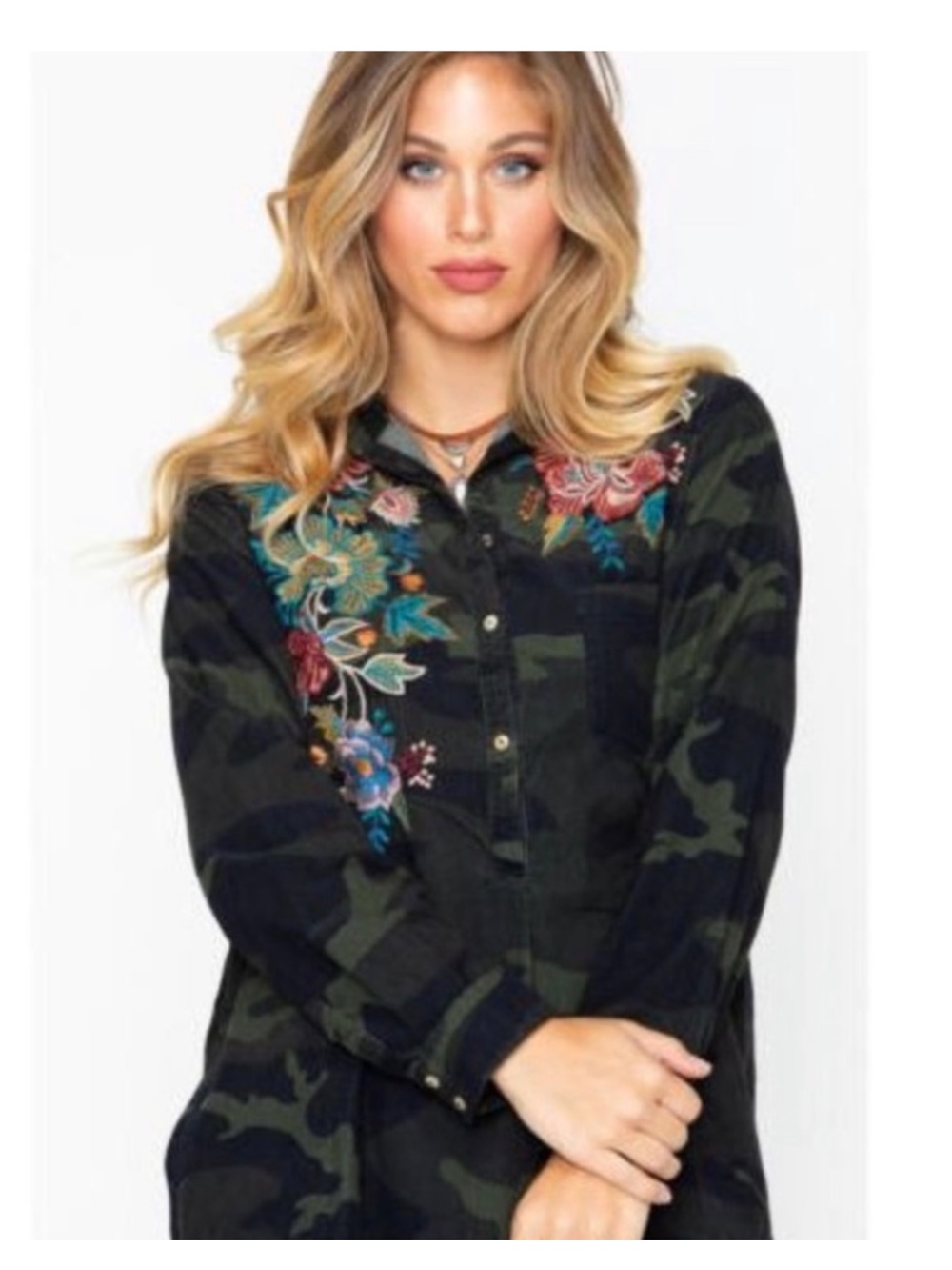 Johnny Was Black & Green Camo Tunic with Multicolor Floral Embroidery